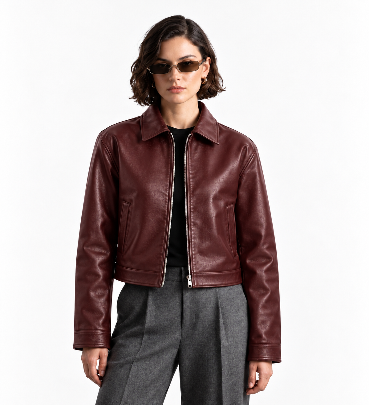 Burgundy Boxy Fit Leather Jacket