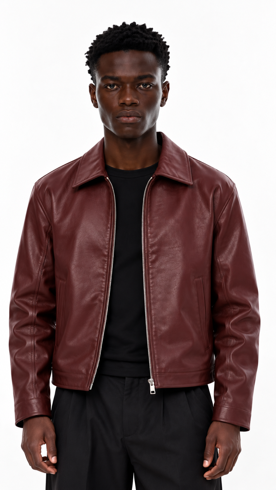 Burgundy Boxy Fit Leather Jacket