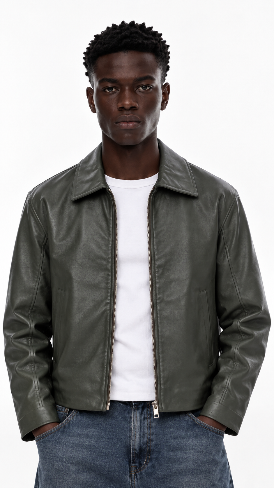 Olive Boxy Fit Leather Jacket