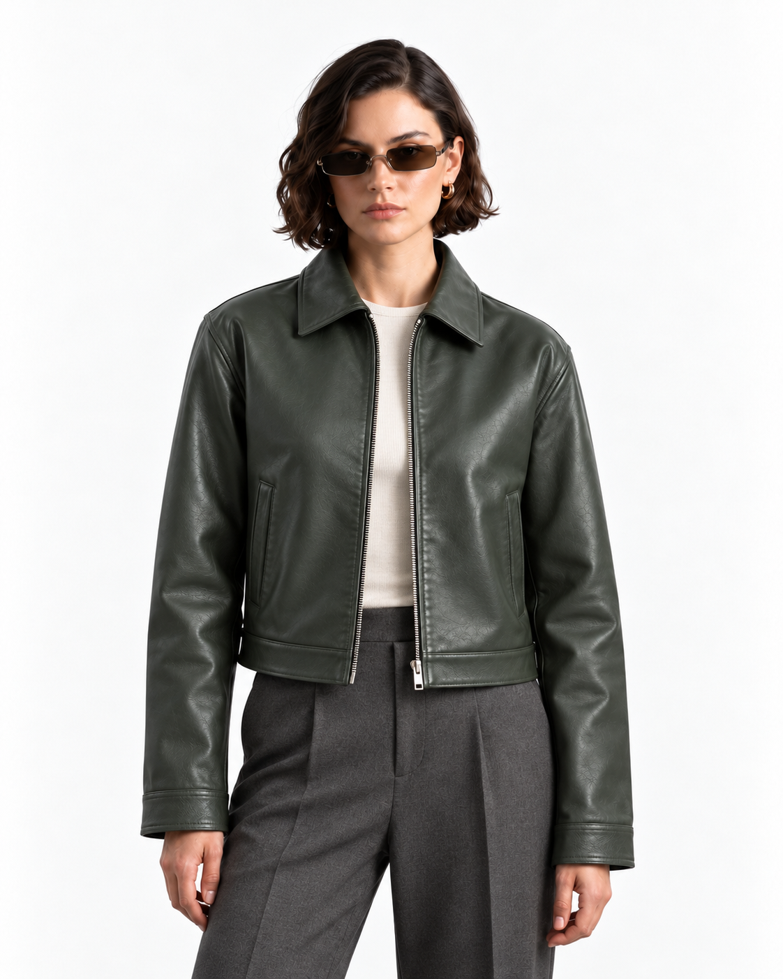 Olive Boxy Fit Leather Jacket