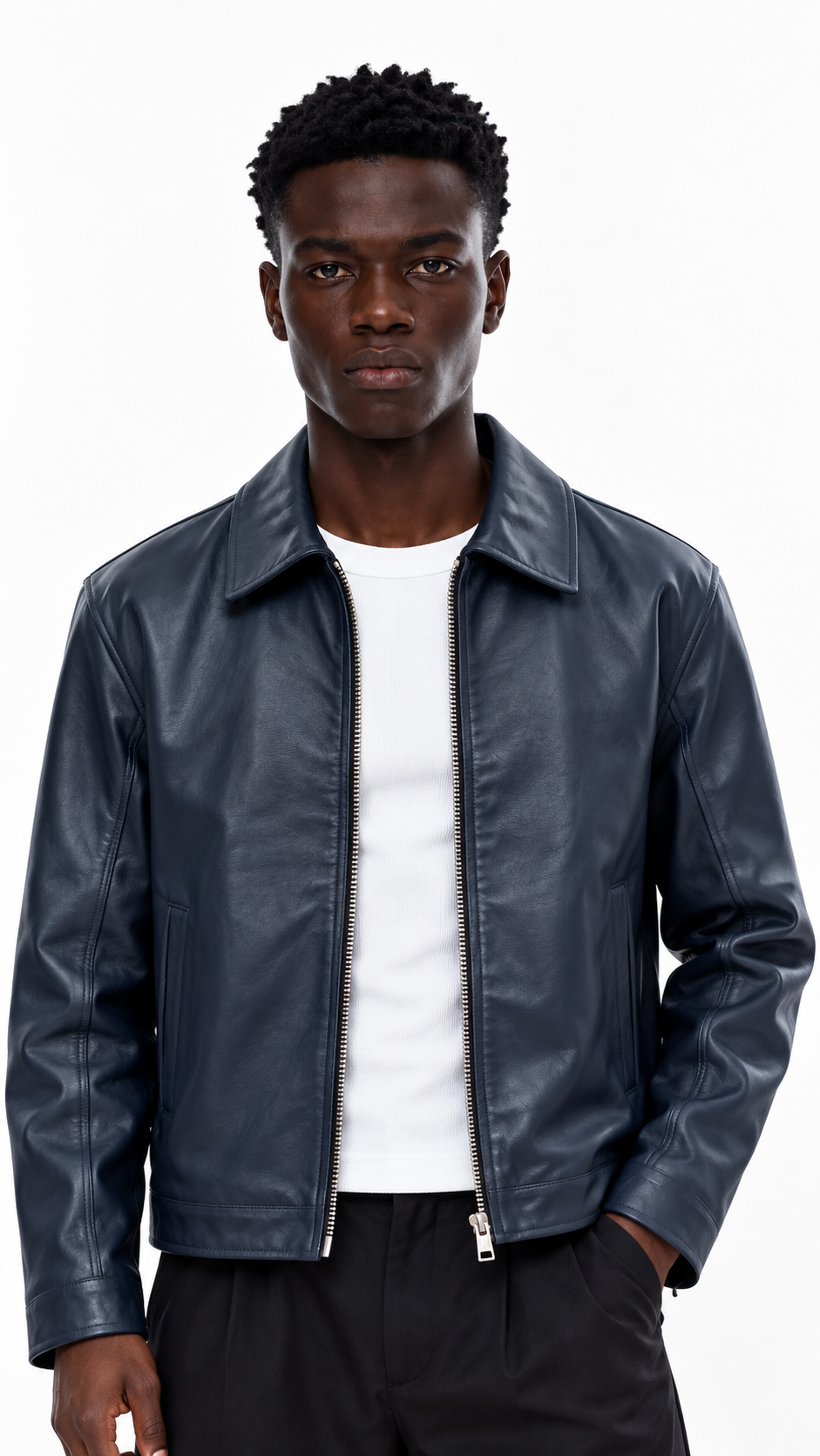 Navy Boxy Fit Leather Jacket