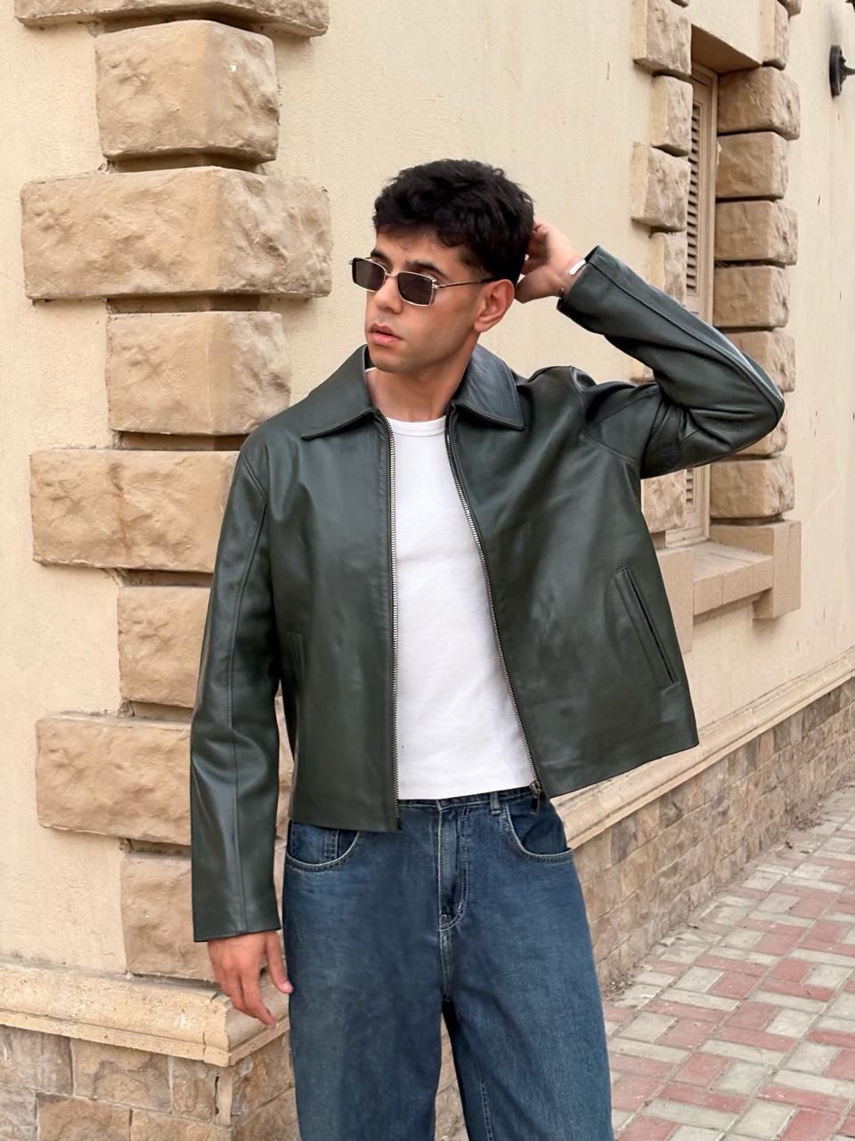 Olive Boxy Fit Leather Jacket