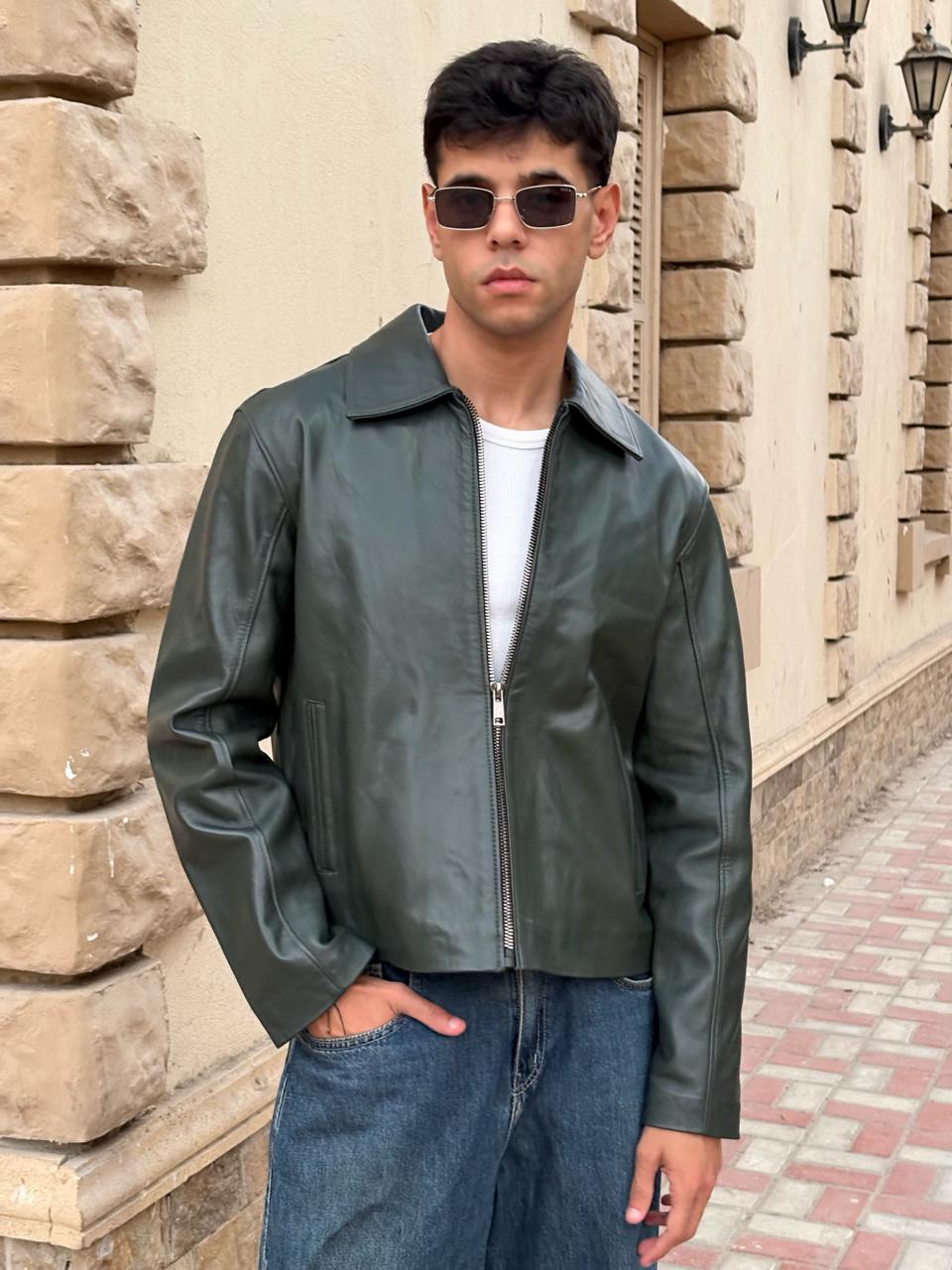 Olive Boxy Fit Leather Jacket
