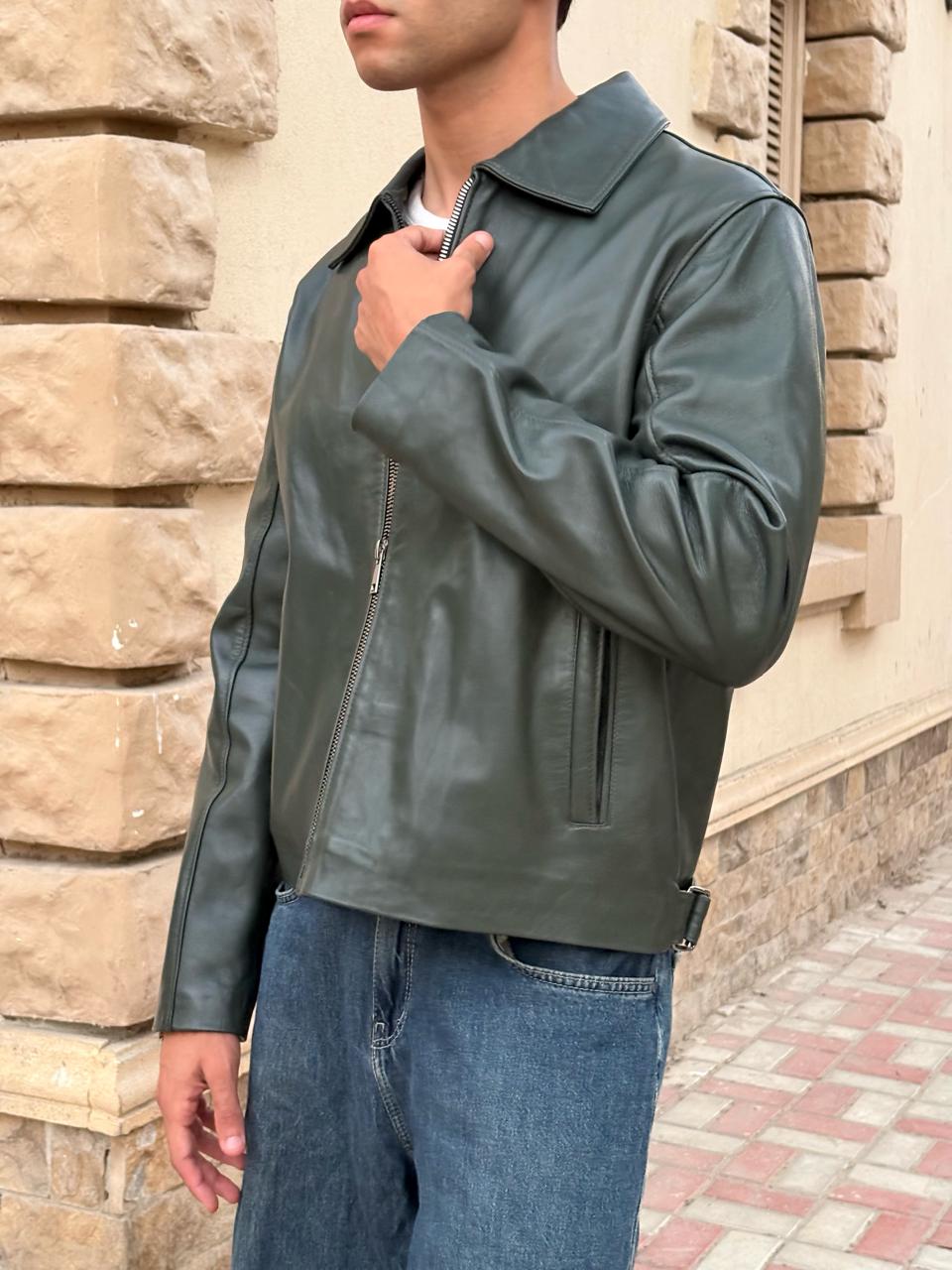 Olive Boxy Fit Leather Jacket