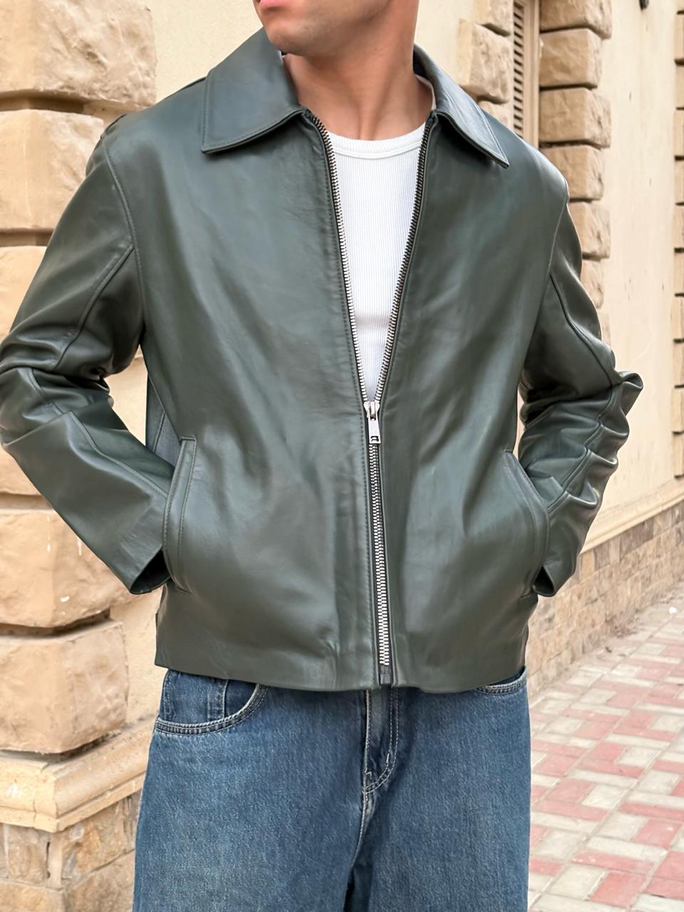 Olive Boxy Fit Leather Jacket