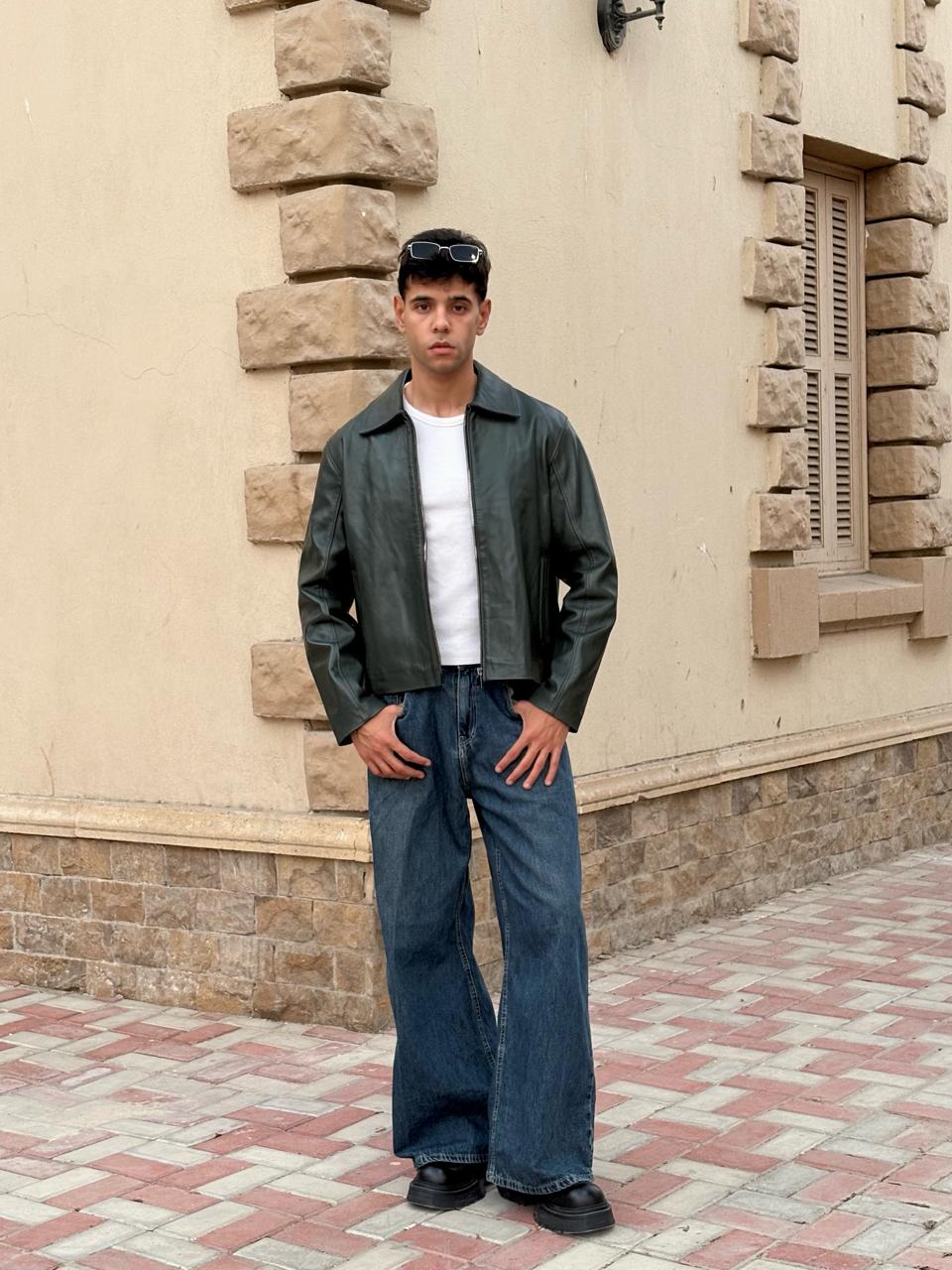 Olive Boxy Fit Leather Jacket