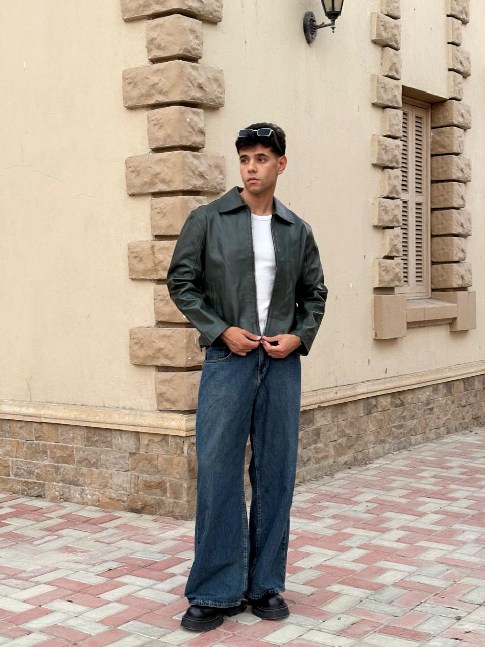 Olive Boxy Fit Leather Jacket