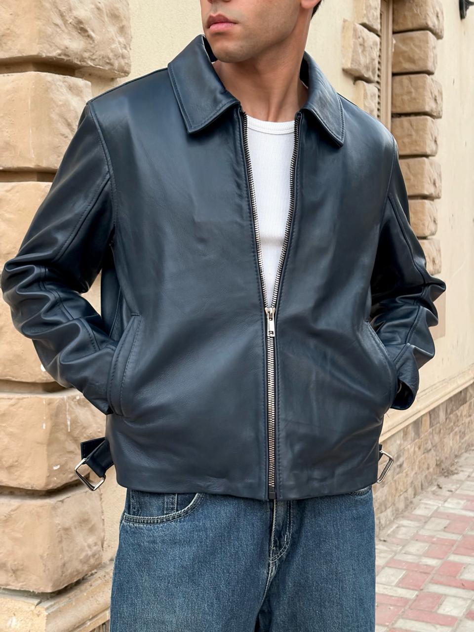 Navy Boxy Fit Leather Jacket