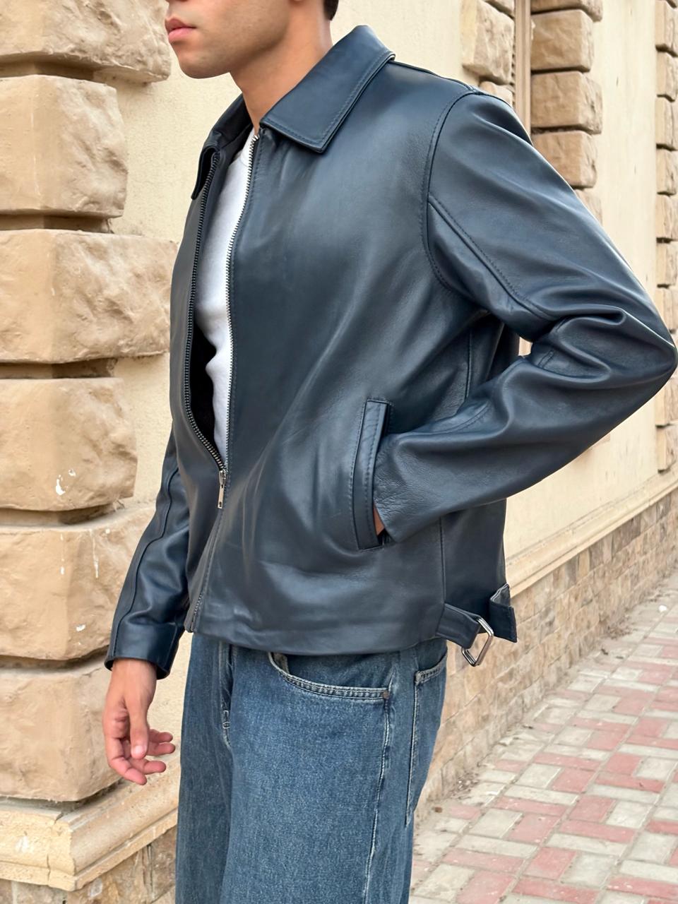 Navy Boxy Fit Leather Jacket