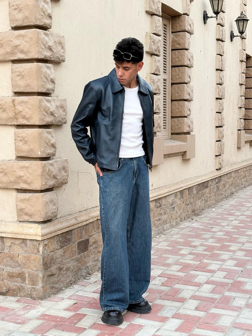 Navy Boxy Fit Leather Jacket