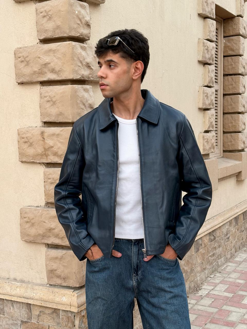 Navy Boxy Fit Leather Jacket