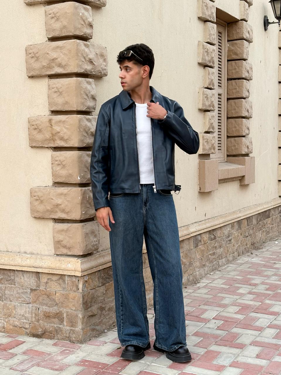 Navy Boxy Fit Leather Jacket