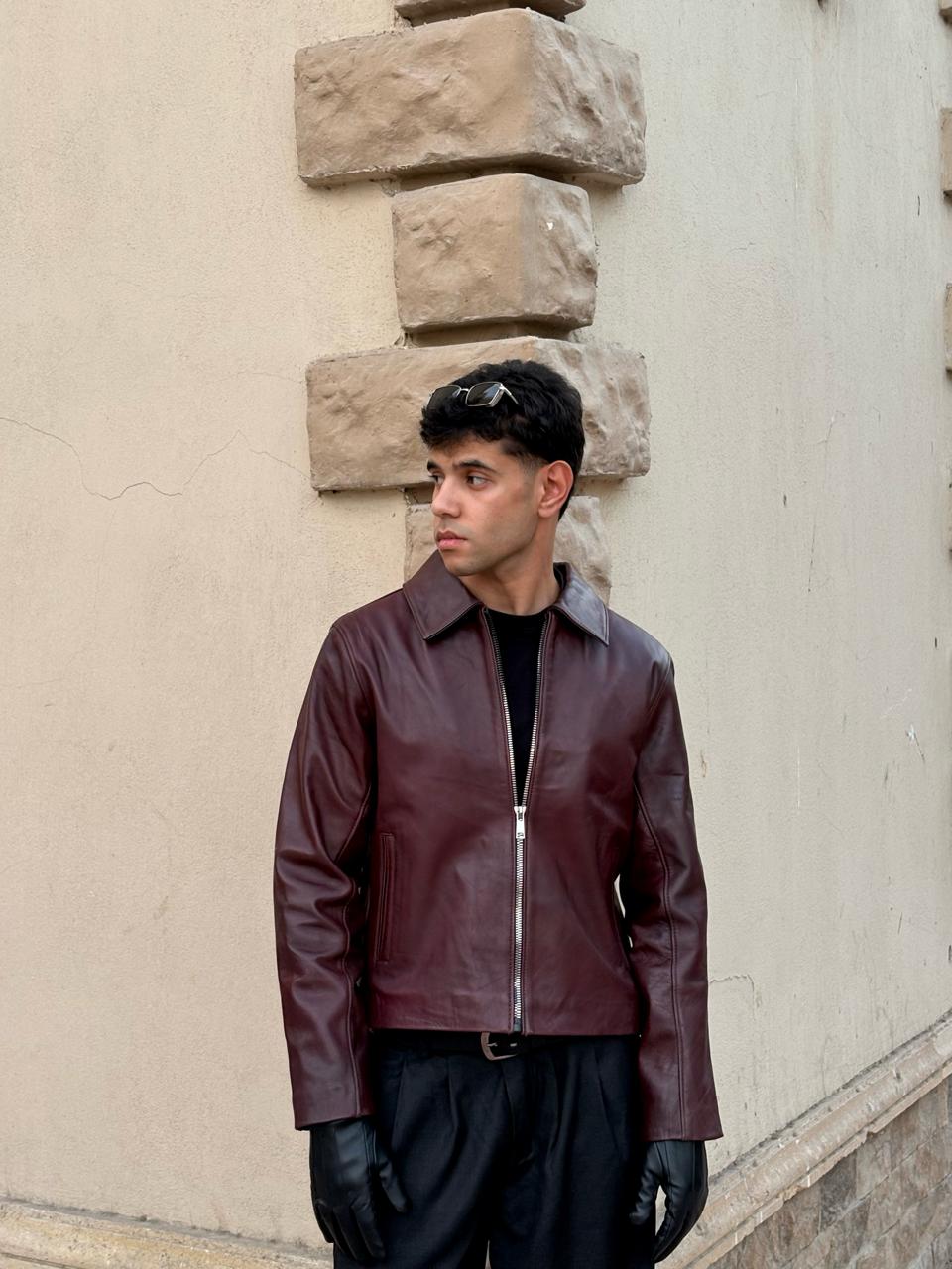 Burgundy Boxy Fit Leather Jacket